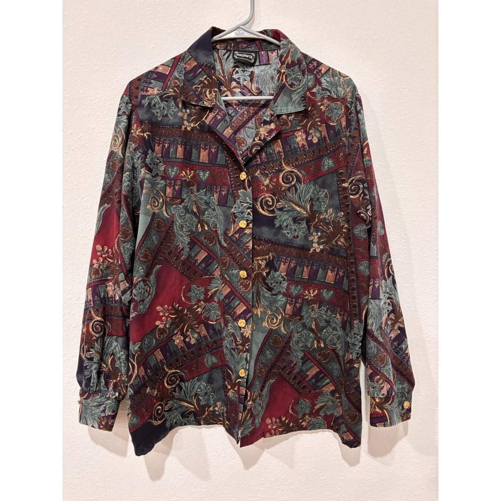 Vtg Bonworth maximalist ornate shirt top womens gold swirl paisley button-up L